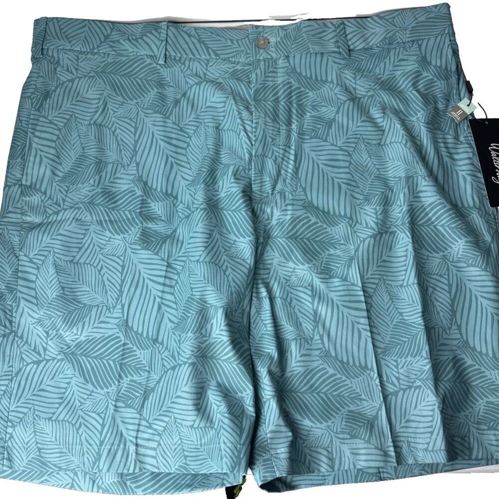 New Walter Hagen Perfect 11 Leaves Print WaveLight Shorts Size 42 Blue Teal